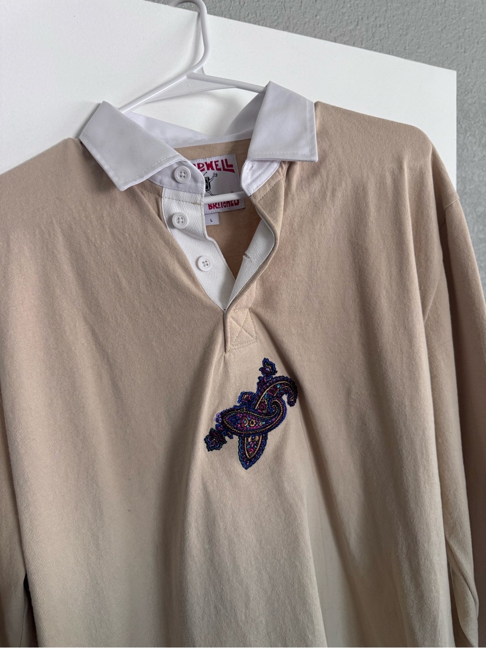 Birdwell x Noah Beige Rugby Polo with White Collar and Paisley Embroidery